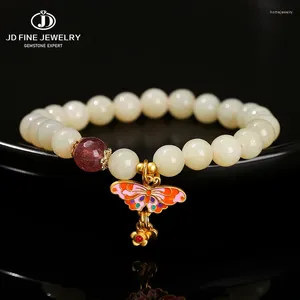 Strand Jd Stone Natural Chinese chinois Hétian Jade Metal Butterfly Pendant Bracelet Femmes Luxury Stretch Bangles Yoga Bijoux Lucky