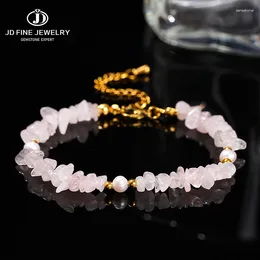 Strand JD Natural Stone Pink Quartz Chip Bead Pearl Design Roestvrij staal Bracelet Women Fashion Lucky Energy verstelbaar sieraden geschenk