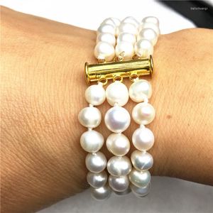 Strand Jewellery Bracelet 3srow Pearl Fashion Style Diy Handmade Graceful 7-8mm White Freshwater Beads 7.5 