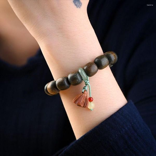 Joyería de hebra, pulsera antigua hecha a mano con cuentas de madera, cadena de mano femenina, pulseras de cuentas, Sándalo Verde Jade