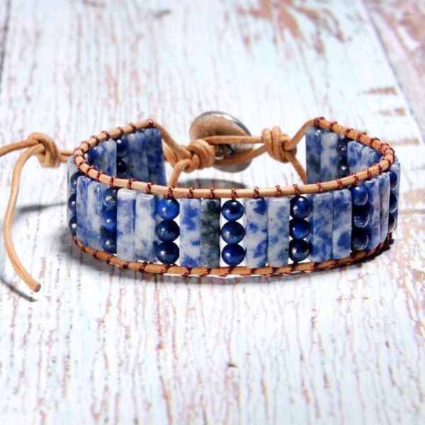 Strand JoursNeige Main Tissage Boho Bracelets Bleu Pierre Naturelle Unique En Cuir Wrap Manchette Vintage Bracelet Bijoux