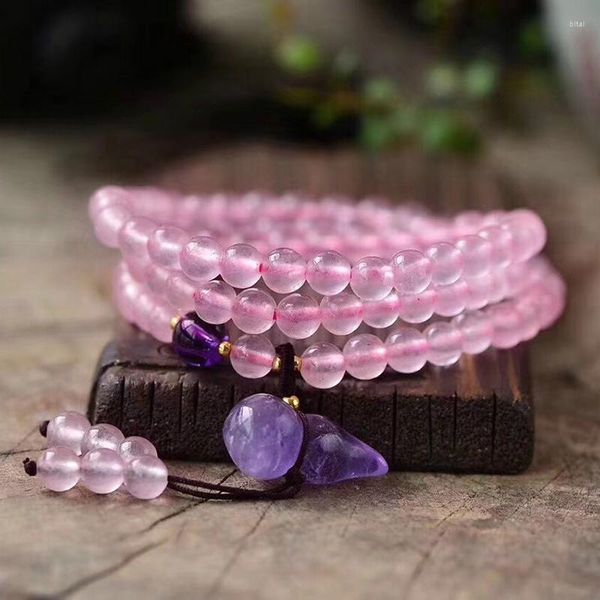 Strand JoursNeige Pulseras de cristal natural rosa Cuenta redonda de 6 mm con colgante de calabaza púrpura Pulsera Moda multicapa para mujer Joyería