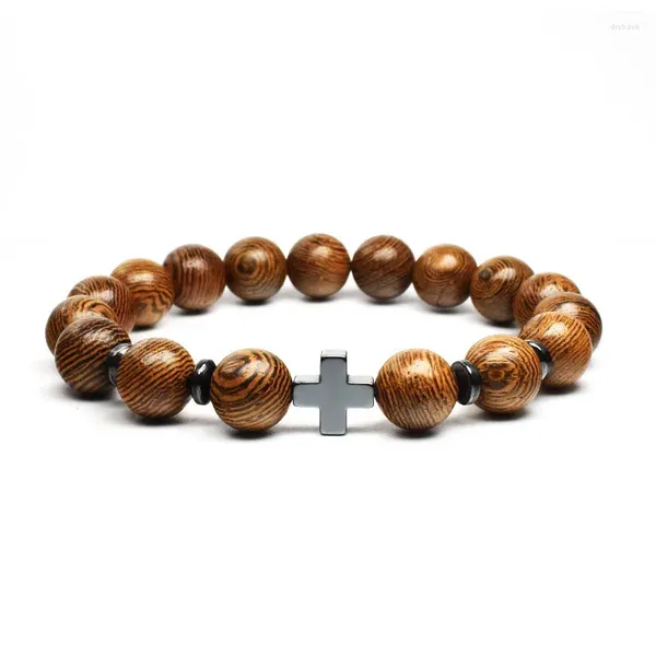 Strand Kirykle-pulsera religiosa Retro de 8mm, accesorio de Cruz de Metal, cuentas de madera lisa, pulseras elásticas para hombre y mujer, joyería