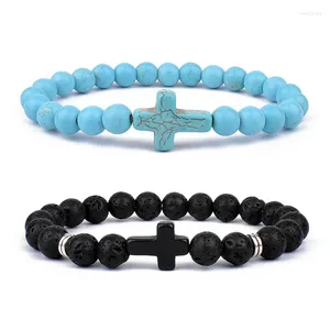 Strand Kirykle Jésus Croix Charme Bleu Turquoises Hommes Bracelet Pierre De Lave Noire 8mm Perles Blanches Bracelets Bracelets Pour Femmes Bijoux De Yoga