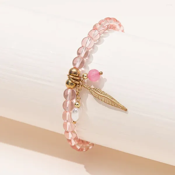 Strand Kirykle rose clair perles transparentes Bracelet extensible ton or feuille charme bijoux pour fille femmes Bracelets