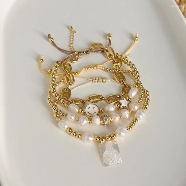 Strand KKBEAD Pulseras Pulsera de perlas naturales para mujer Moda Virgen María Guadalupe Charm 18 K Color oro Pulseras impermeables