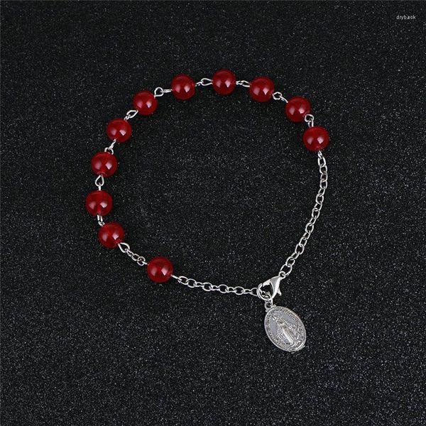 Strand Komi Cristal Rojo Cuentas de Cristal Rosario Pulseras Moda Mujer Pulsera de Cuentas Cruz Jesús Colgante Joyería Católica Religiosa R-042