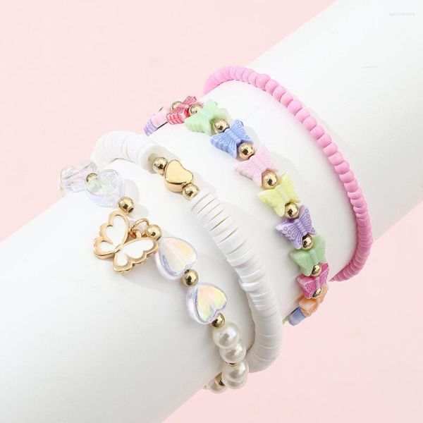 Strand Korea, conjunto de pulsera con colgante de mariposa y corazón de resina colorida para niñas, dulce, lindo, hecho a mano, arcilla polimérica, perla, joyería con amuleto de mano