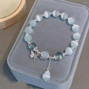 Bracelet de perles en opale blanche pour femmes, mode coréenne exquise, pendentif à nœud papillon, couleur argent, breloque élastique, bijoux cadeaux