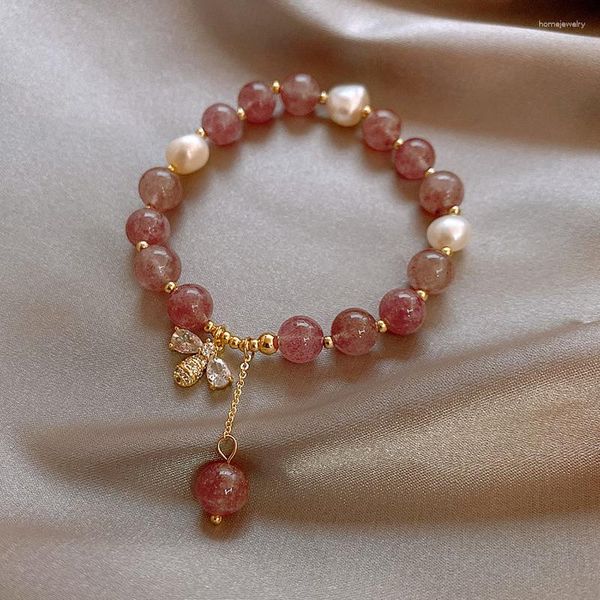 Pulsera de cristal rosa a la moda coreana, perlas naturales de agua dulce de lujo para mujer, joyería de diseñador, regalo para el día de la madre