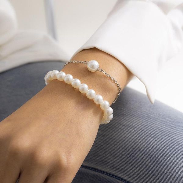 Strand Lacteo Vintage Imitation Perle Bracelet Femme Couleur Argent Mince Chaîne En Métal Perlé Bangel Pour La Fête Bijoux Cadeaux Accessoires
