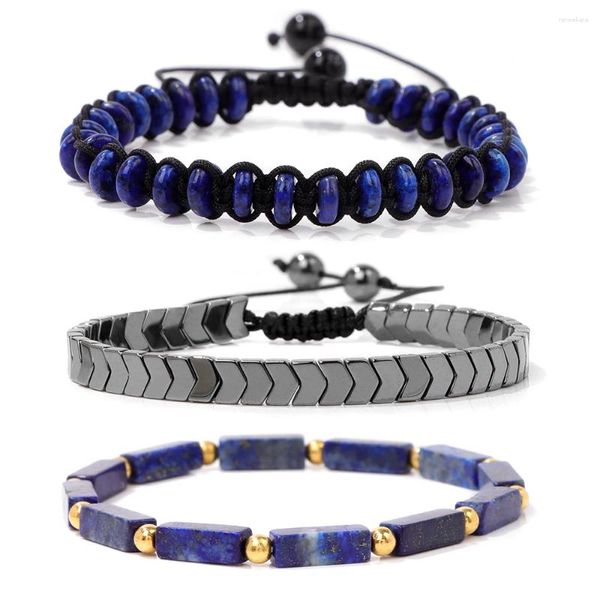 Lapis Lapis lazuli Bracelet tressé Bracelet 3PCS / Perles plates Ensemble pour femmes hommes Perte Poids de yoga Meditation Bangle de bracelet