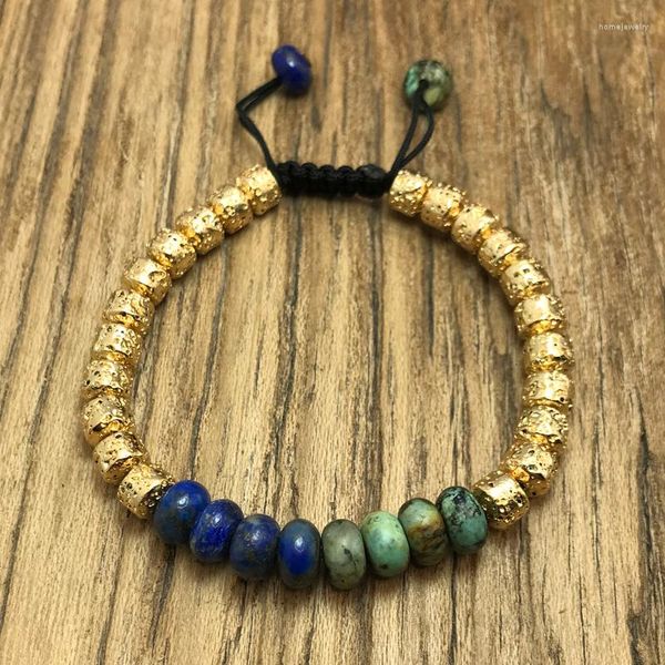 Strand Lapis Turquoise Rondelle Kralen Met Lava Vergulde Steen Knoop Koord Armband Verstelbaar