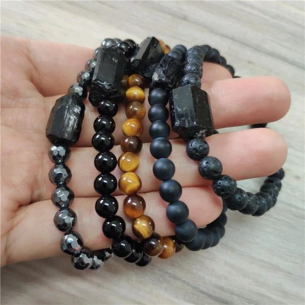 Strand Lava Rock Stone Perles Naturel Noir Brut Tourmaline Brute Énergie Minérale Guérison Perlée Unisexe Bracelets Bijoux Quotidiens En Gros