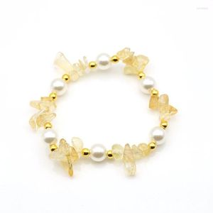 Strand Light Yellow Gold Color Pearls Connect Irrégulière Forme Citrines Cristal Bracelet Élastique Fluorite Pierre Bijoux