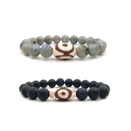 Brin Lii Ji 3 yeux DZI Agates perles Labradorite 10mm ou Bracelet rayé mat pour hommes femmes brins de perles