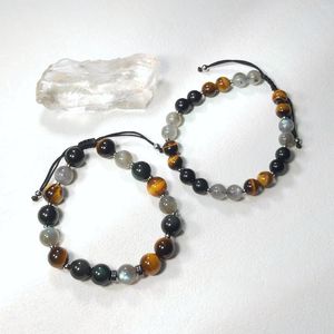 Strand Lii Ji obsidienne oeil de tigre Labradorite 8mm/10mm acier inoxydable Bracelet réglable pour bijoux masculins