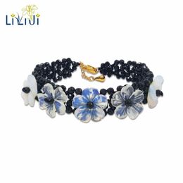 STRAND LII JI Unieke natuursteen Zwarte spinels Exquise Moonstone Crystal Flowers Statement Fashion Bracelet 17-19cm/6.7 ''-7,5 '' kralen