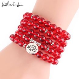 Strand Little Minglou Cristal rojo Piedra natural 108 Mala Lotus Pulsera o collar Reiki Cargado Rosario budista Hebras de cuentas