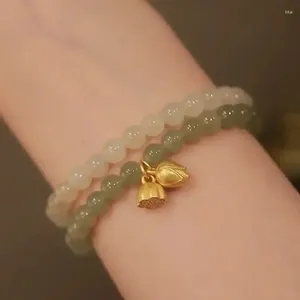 Bracelet Lotus à brins de 6mm pour femmes, anneau unique He Tian Jade vert blanc, chaîne à main naturelle, petits ornements frais, cadeau