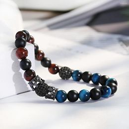 Pulsera de cuentas de ojo de tigre azul y rojo de lujo con circonita cúbica, corona de bolas, Brazalete de piedra Natural para hombre, joyería de alta calidad