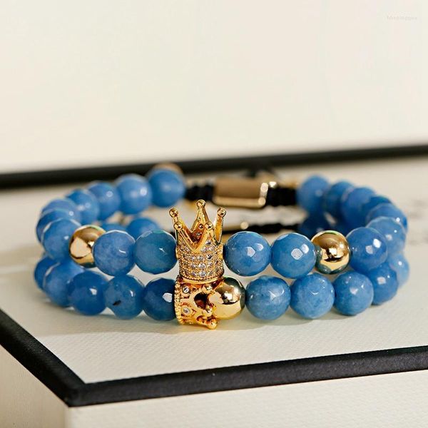 Hebra de joyería de lujo cuentas de piedra azul circonita blanca corona encanto pulsera trenzada hombres pareja Pulseiras Masculina