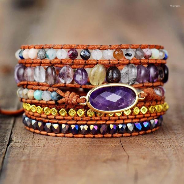 Strand Luxury Leather Wrap Bracelet W / Natural Stones Purple Beads Quartz Weaving Statement Boho Wholesale Drop