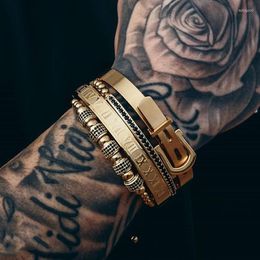 Strand Luxury Men CZ Bead Bracelet Set roestvrijstalen Romeinse riempaneel kralen verstelbaar voor