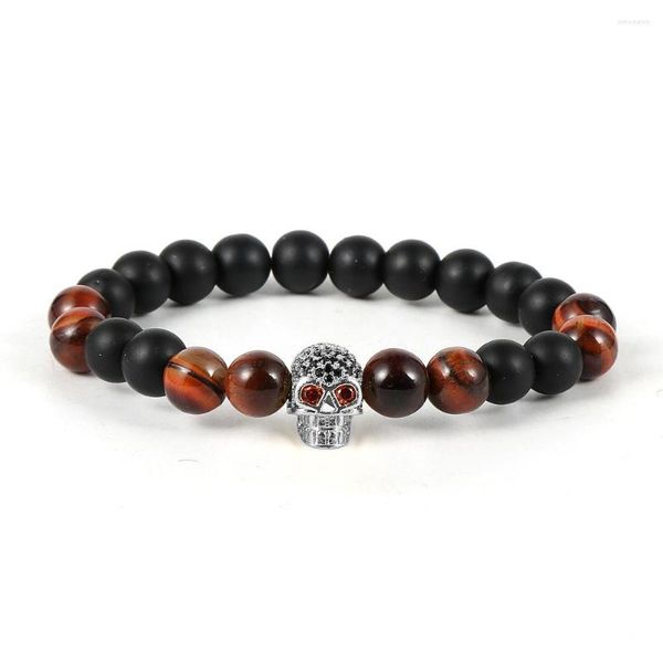 Strand Luxury Natural Flash Stone Red Tiger Eye Turquesas Pulseras de mano Latón Zircon Skull Charm Healing Pulseras Joyería para hombres