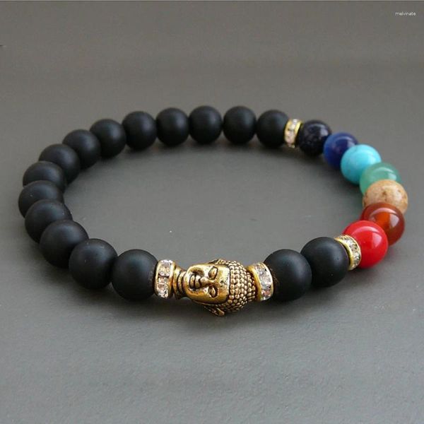 Strand Mala 7 Chakra Bracelet Onyx Noir Mat Yoga Méditation Tibétain