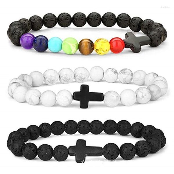 Strand MAOKE 2023 pulsera de piedra de rueda de siete pulsos lapislázuli Cruz de ojo de tigre ajustable tejido Yoga con cuentas