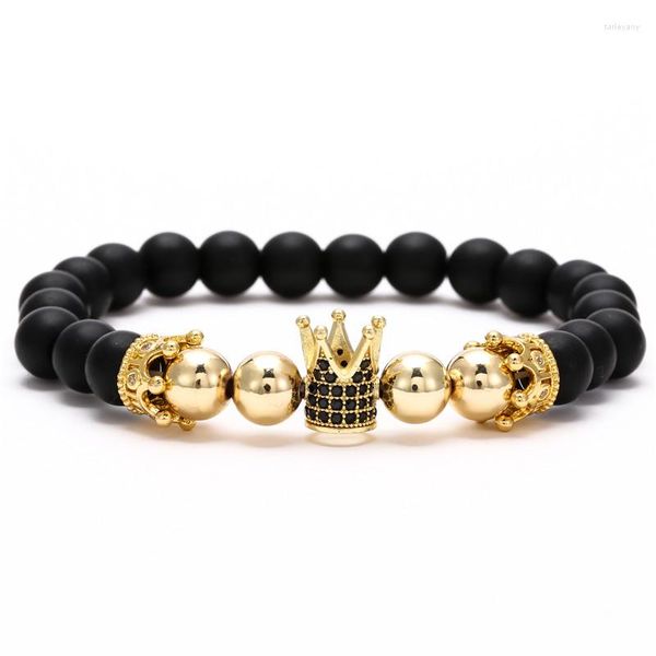 Strand Matte Onyx Hematite Cuentas multicolores mezcladas Blanco Negro CZ Crown Plating 24K Pulsera de oro real Regalo de cumpleaños de boda para unisex