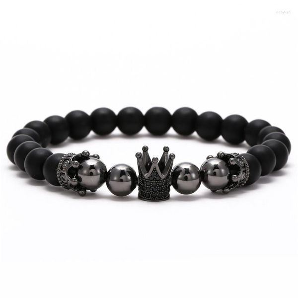 Strand Matte Onyx Multi Color Charm Crown Pavé Noir Cz Connecté Perles De Cuivre À La Main Perlé Unisexe Bracelet Pour Femmes Filles Cadeau