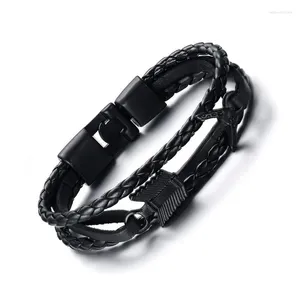 Strand Bracelet en cuir véritable tressé pour homme avec ancre et flèche - Noir nautique