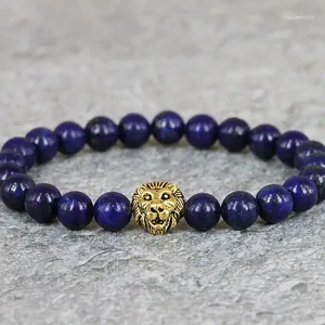 Strand hombres con cuentas lapislázuli energía cabeza de león pulsera gema piedra cráneo encanto mano Yoga joyería Pulseras para Mujer Pulseras Mujer