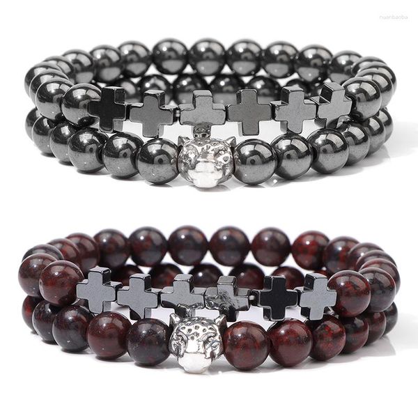 Pulsera de hilo para hombre, hematita negra Natural con cuentas, hecha a mano, cabeza de leopardo, Cruz, pulseras de Buda para mujer, joyería Punk masculina