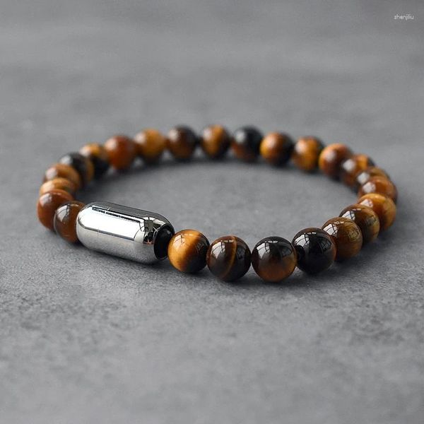 Bracelet en pierre d'oeil de tigre pour hommes, boucle magnétique en acier inoxydable, perles naturelles, charme, bijoux de Yoga, cadeaux