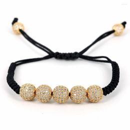 Strand Men Bracelets 10mm Pave Setting Black CZ Beads 24K Gold 8mm Pulsera de macramé trenzado redondo para