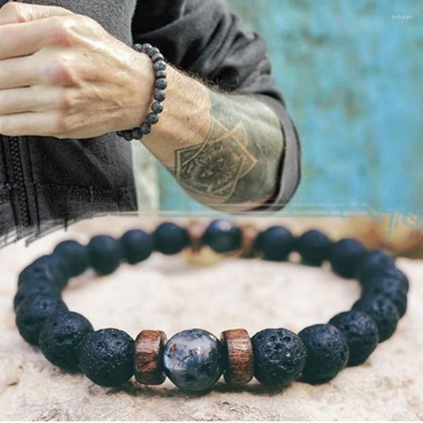 Pulseras de hilo para hombre, pulsera de madera pequeña de piedra de Lava de Chakra Natural de Buda tibetano a la moda para brazalete de cuenta de ojo de tigre pulido elástico