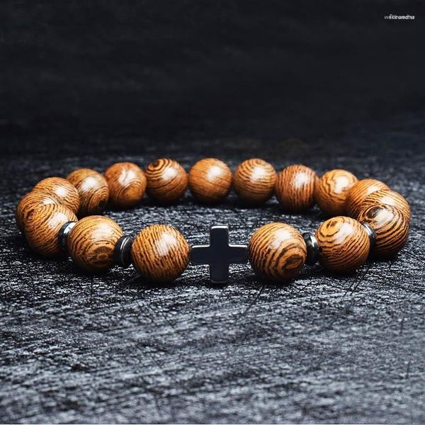 Brin Hommes Perles En Bois Naturel Croix Bracelets Onyx Méditation Prière Perle Bracelet Femmes En Bois Yoga Bijoux Homme