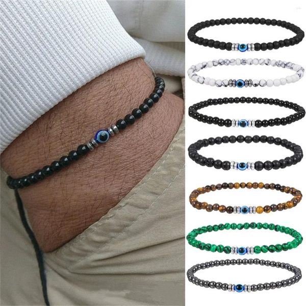 Pulsera de cuentas de ojo de tigre de piedra de Lava Natural de 4mm para Hombre, brazaletes de Yoga de oración malvada azul turco, joyería, Pulsera para Hombre