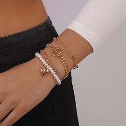 Bracelet avec pendentif en forme de cœur en métal pour femmes, perles d'imitation, couleur or argent, bijoux à la mode, 2022