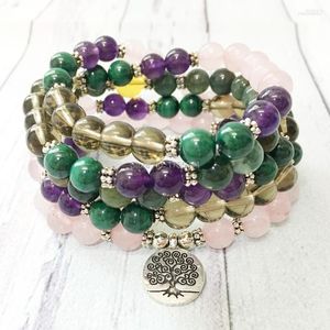 Strand MG0479 Arbre De Vie Yoga Bracelet 108 Pierre Précieuse Naturelle De Haute Qualité Malachite Rose Quart Z Pour Les Femmes