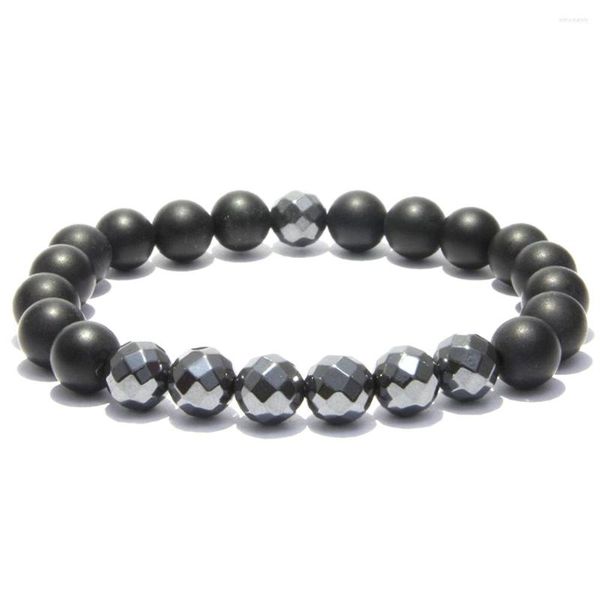 Strand MG1194 8 Mm face hématite mat noir Onyx Bracelet de pierres précieuses pierre naturelle énergie perles cadeaux pour hommes