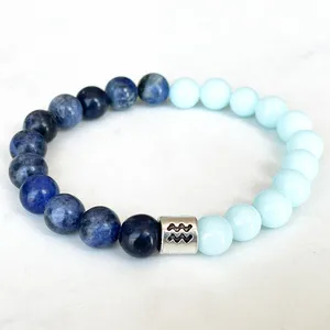 STRAND MG1687 Dames Gemini Zodiac Bracelet 8 mm Aquamarine Blue Sodalite Jasper Energy Pols Mala Natuurlijke edelsteen sieraden