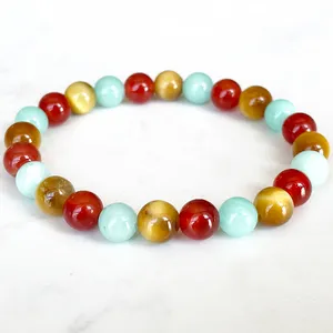 Strand MG1717 Pulsera del Zodíaco Piscis para Mujer 8 MM Ojo de Tigre Dorado Amazonita Cornalina Chakra Muñeca Mala Joyería de Piedras Preciosas Naturales