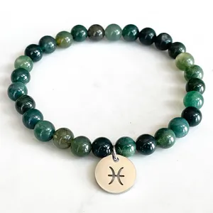 STRAND MG1751 Mode dames Vissen Zodiac Bracelet 6 mm mos Agaat Chakra Yoga Pols Mala Handgemaakte natuurlijke edelsteen sieraden