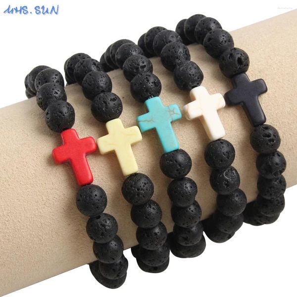 Strand MHS.SUN Est Religion Croix Perles Lave Diffuseur Bracelets Pour Hommes Noir Pierre Naturelle Méditation Bracelet Yoga Guérison Bijoux