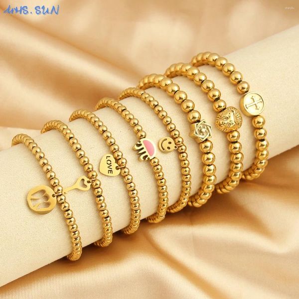 Strand MHS.Sun Fashion en acier inoxydable Gold Boule perlée Bracelet Stretch Mandmade Stretch / Love / Key Charm pour les femmes Bijoux pour femmes