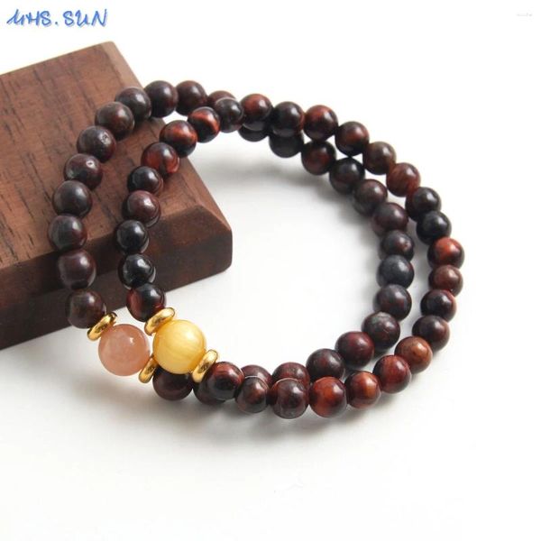 Strand MHS.SUN Piedra natural curativa 6 mm Pulsera de cuentas de ojo de tigre rojo Jade de limón amarillo para joyería femenina Accesorios de acero inoxidable